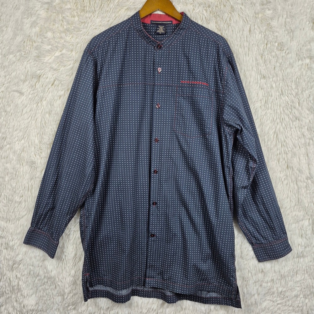 Marithe Francois Girbaud Mens XL Polka Dot Mandarin Collar Shirt Navy Y2K